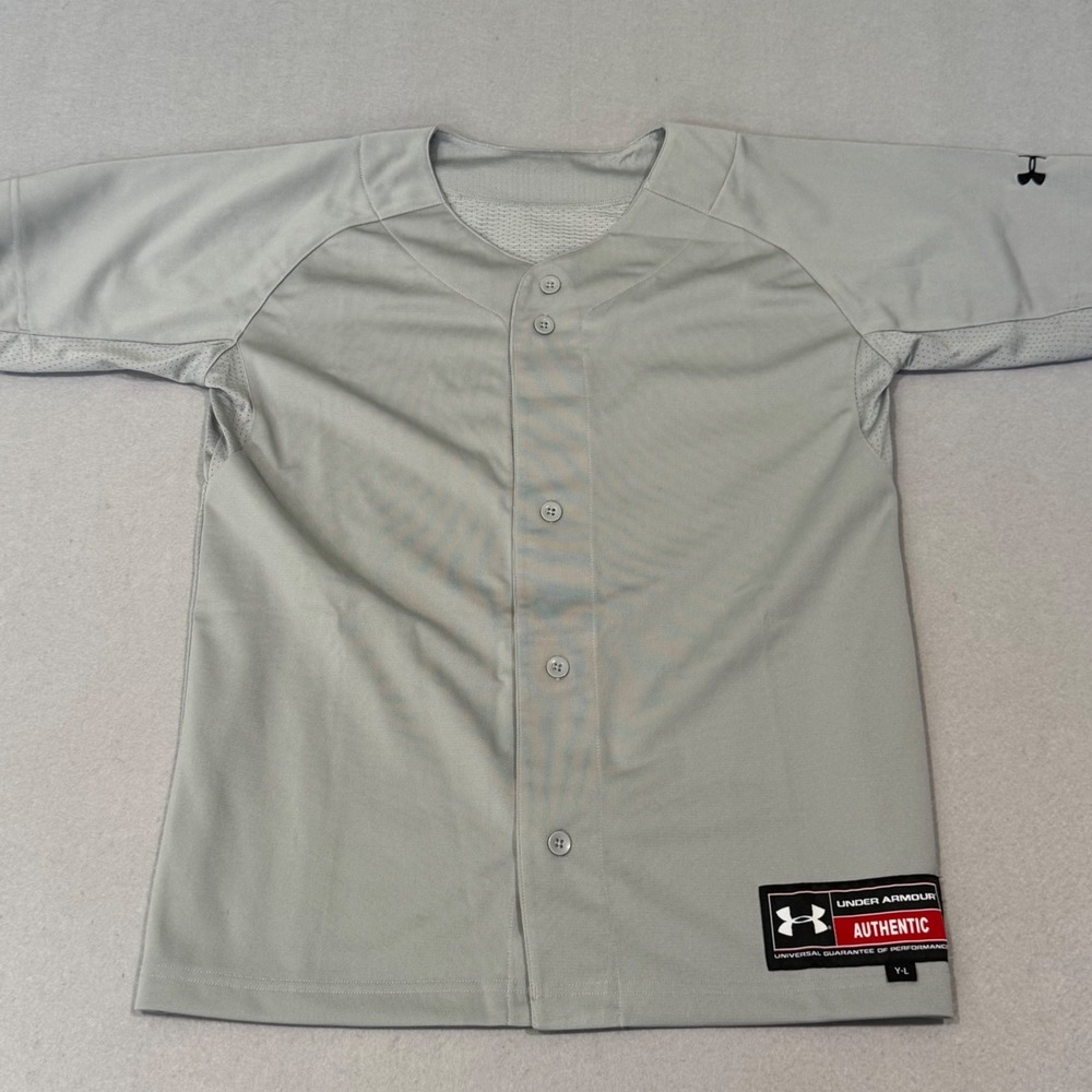 Under Armour Baseball Jersey Kids Youth Large Gray Button Front‎ Mesh Back